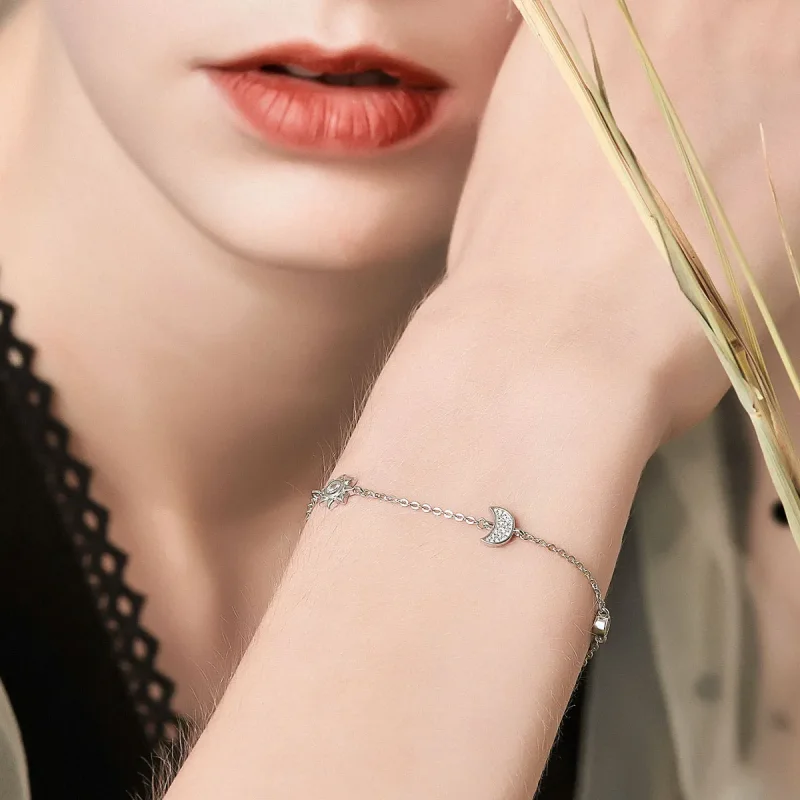 (bilde for) Pandora Style Silver Moon Sun and Stars Chain Slider Armbånd - SCB081 - Vis 2