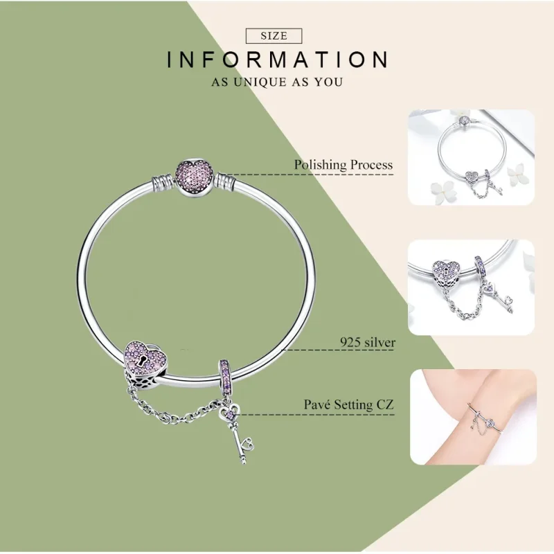 (bilde for) Pandora Style Silver Pink Key og Pave Heart Lock Bangle - SCB820 - Vis 3