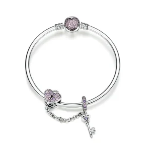 (bilde for) Pandora Style Silver Pink Key og Pave Heart Lock Bangle - SCB820