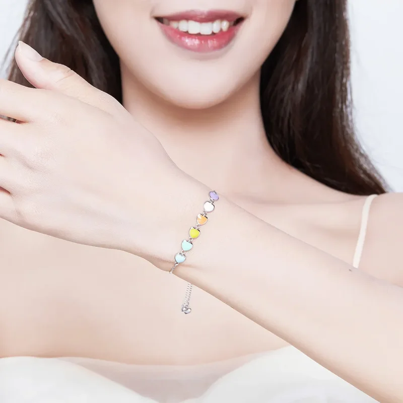 (bilde for) Pandora Style Silver Rainbow Hearts Chain Slider Armbånd - SCB158 - Vis 2