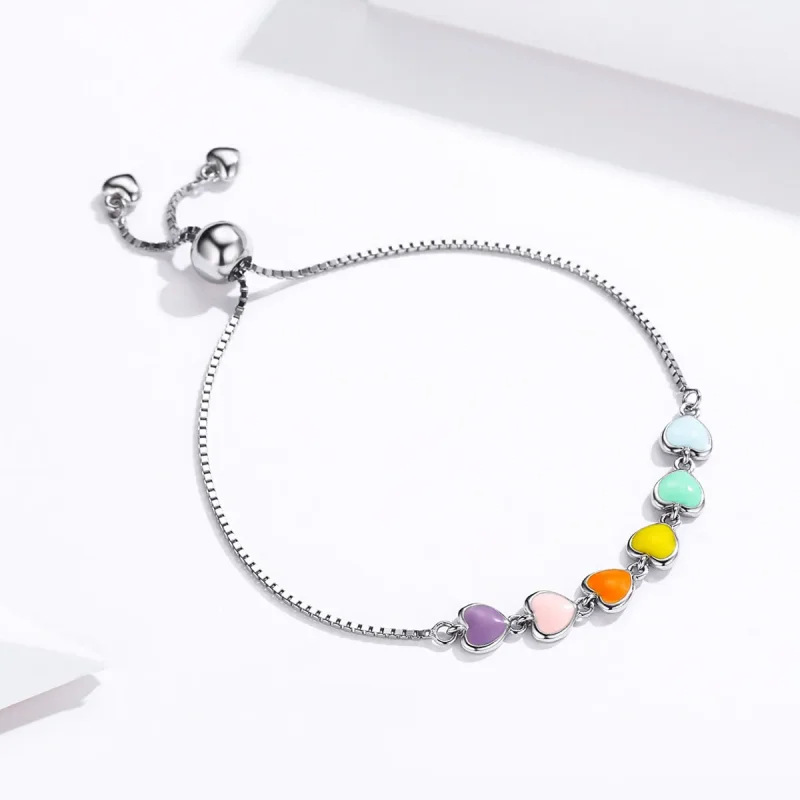 (bilde for) Pandora Style Silver Rainbow Hearts Chain Slider Armbånd - SCB158 - Vis 3