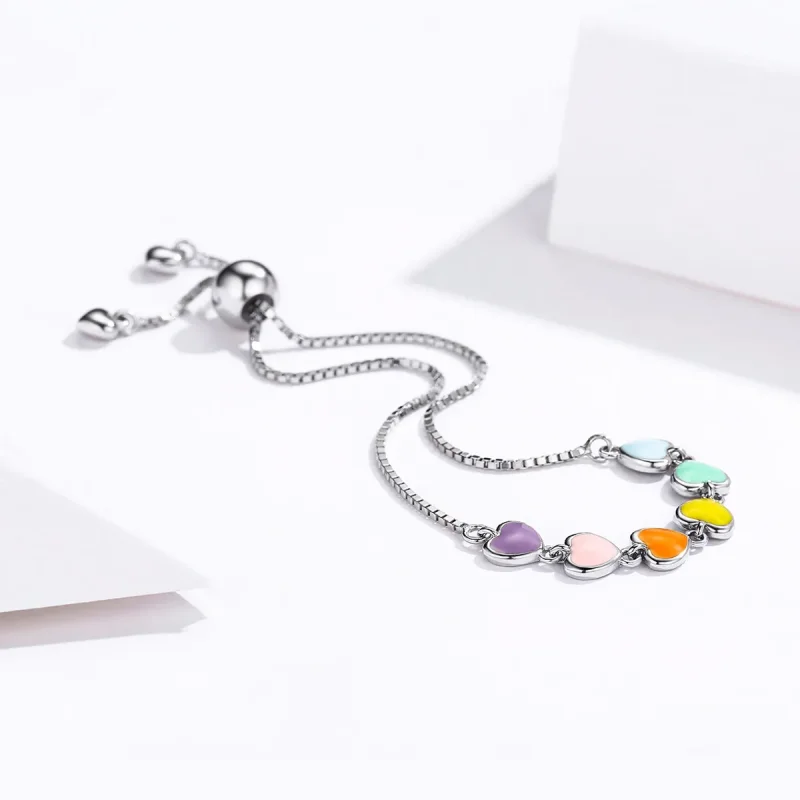 (bilde for) Pandora Style Silver Rainbow Hearts Chain Slider Armbånd - SCB158 - Vis 4