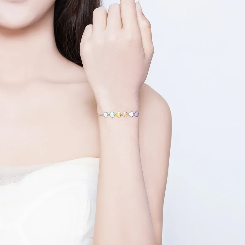 (bilde for) Pandora Style Silver Rainbow Hearts Chain Slider Armbånd - SCB158 - Vis 5