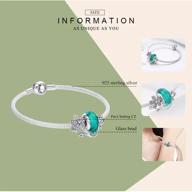 (bilde for) Pandora Style Sølvgrønn Glassperle og Sakura Mesh Armbånd - SCB822 - Vis 3