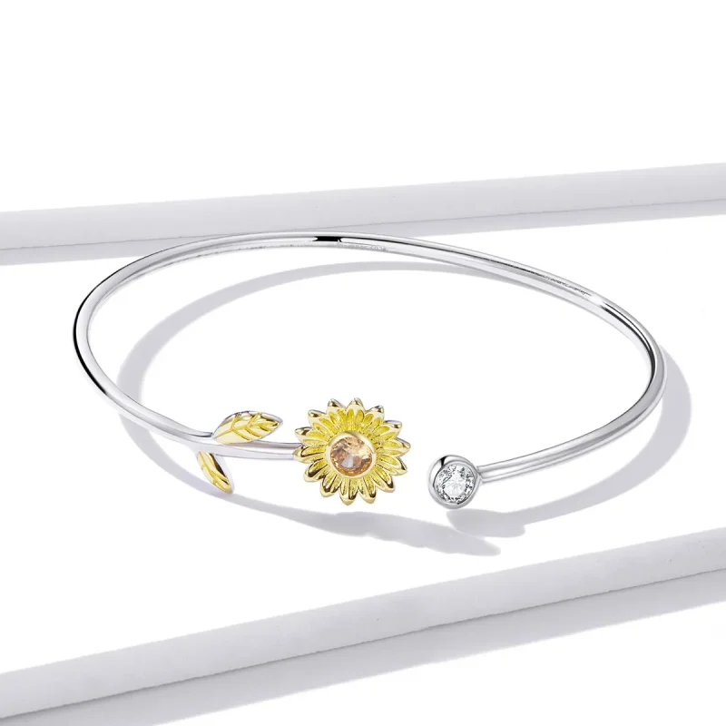 (bilde for) Pandora Style Two Tone Bicolor Fresh Daisy Open Bangle - BSB045 - Vis 2
