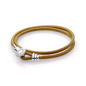 (bilde for) PANDORA Golden Tan dobbelt lærarmbånd, klar CZ - 597194CGT-D