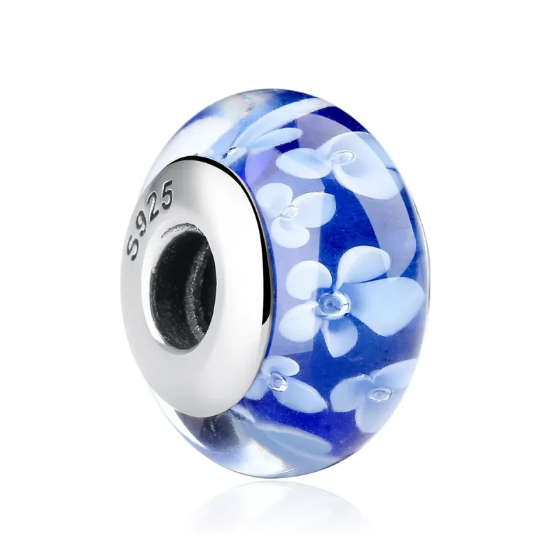 (bilde for) Pandora Style Blå Murano Glass Hvite Blomster Charm - SCZ006 - Vis 2