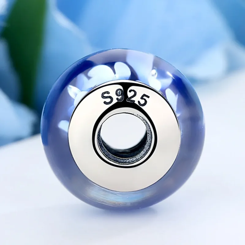 (bilde for) Pandora Style Blå Murano Glass Hvite Blomster Charm - SCZ006 - Vis 3