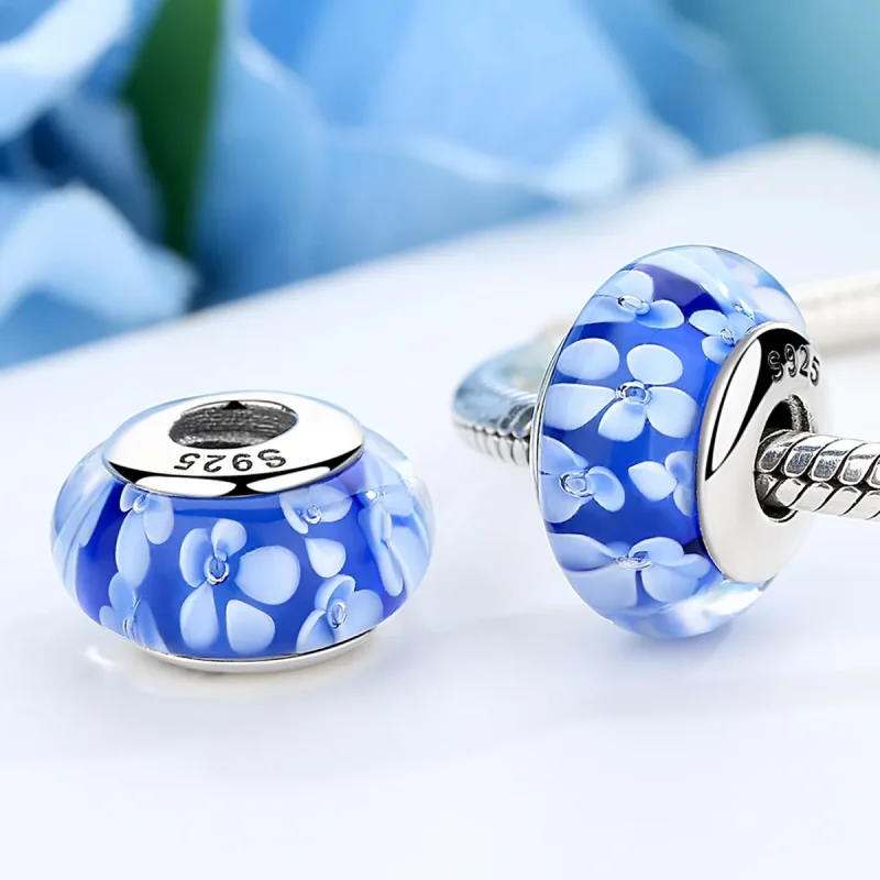 (bilde for) Pandora Style Blå Murano Glass Hvite Blomster Charm - SCZ006 - Vis 4
