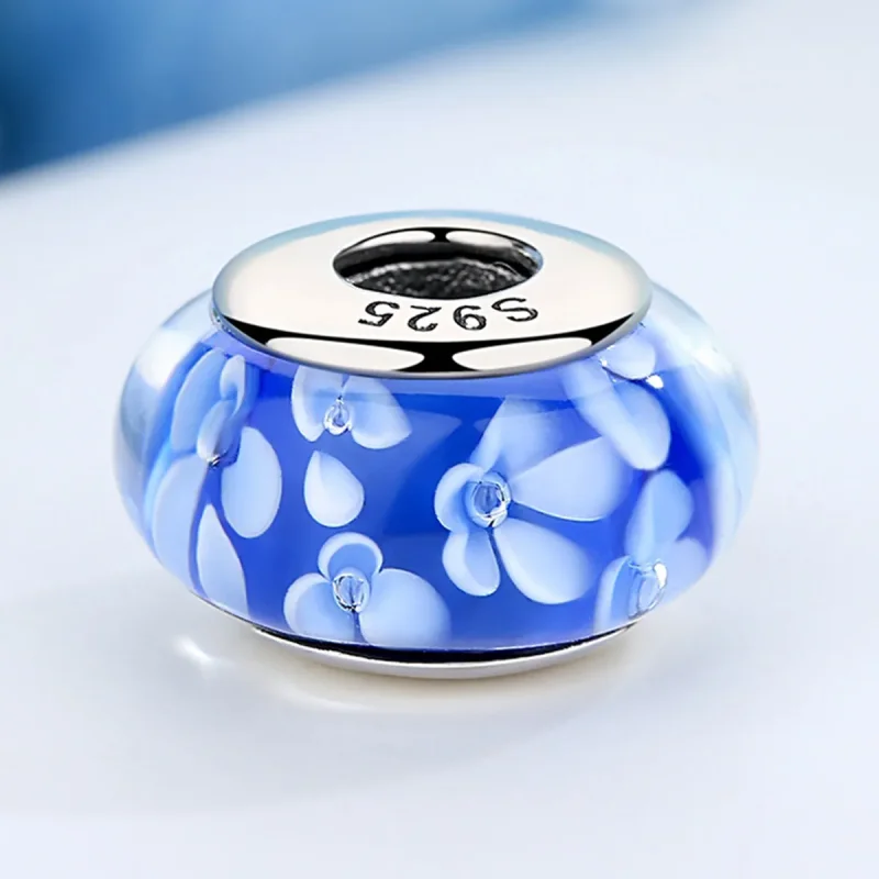 (bilde for) Pandora Style Blå Murano Glass Hvite Blomster Charm - SCZ006 - Vis 5