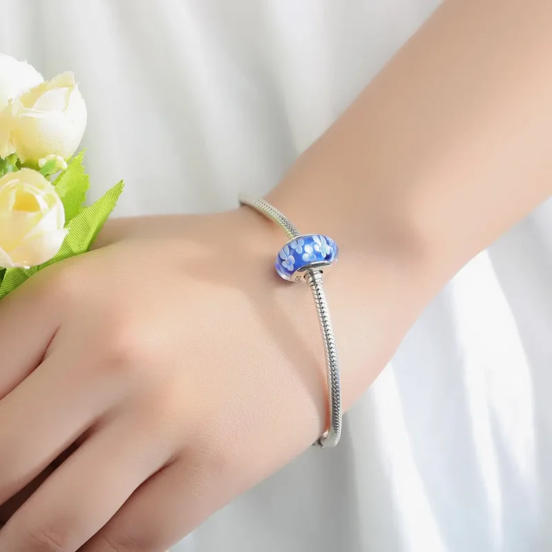 (bilde for) Pandora Style Blå Murano Glass Hvite Blomster Charm - SCZ006 - Vis 6