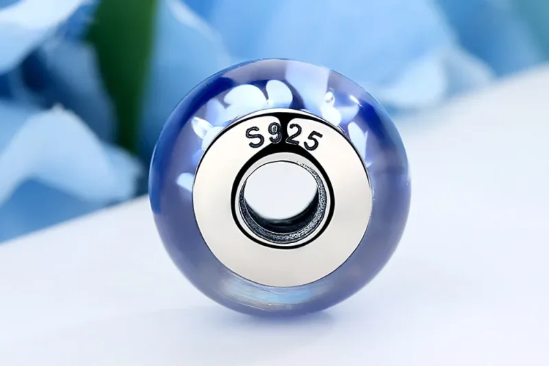 (bilde for) Pandora Style Blå Murano Glass Hvite Blomster Charm - SCZ006 - Vis 7