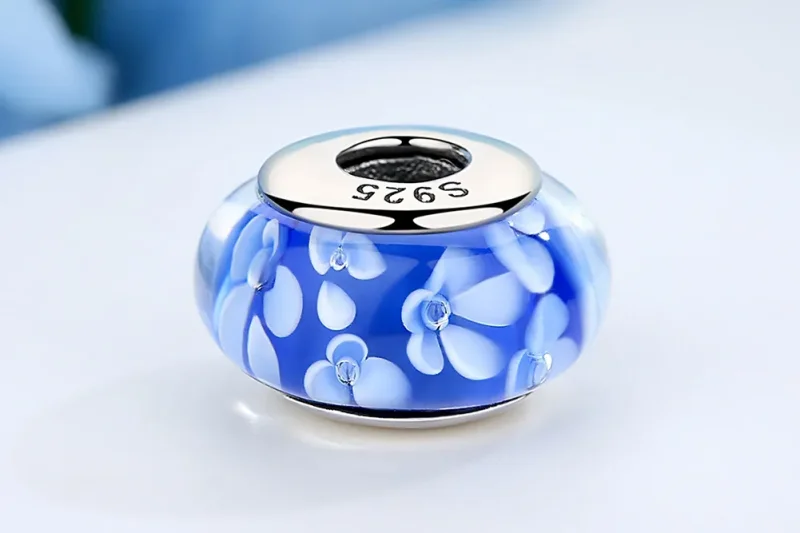 (bilde for) Pandora Style Blå Murano Glass Hvite Blomster Charm - SCZ006 - Vis 9