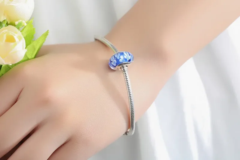 (bilde for) Pandora Style Blå Murano Glass Hvite Blomster Charm - SCZ006 - Vis 10