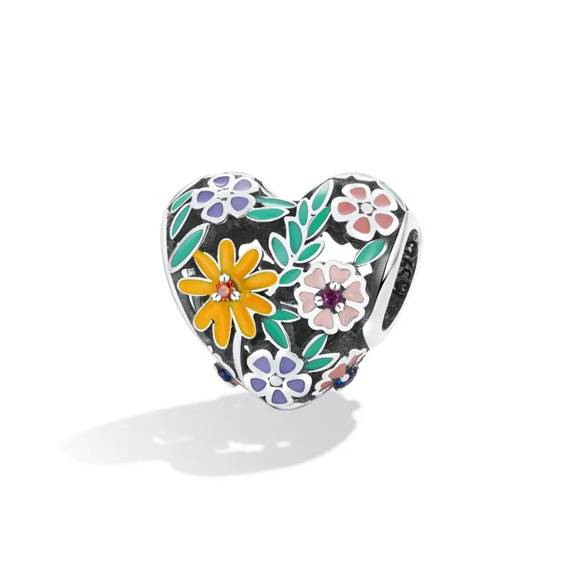 (bilde for) Pandora Style Flower Heart Charm - BSC590 - Vis 2