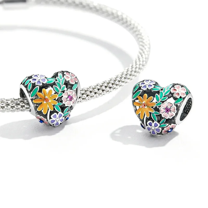 (bilde for) Pandora Style Flower Heart Charm - BSC590 - Vis 3