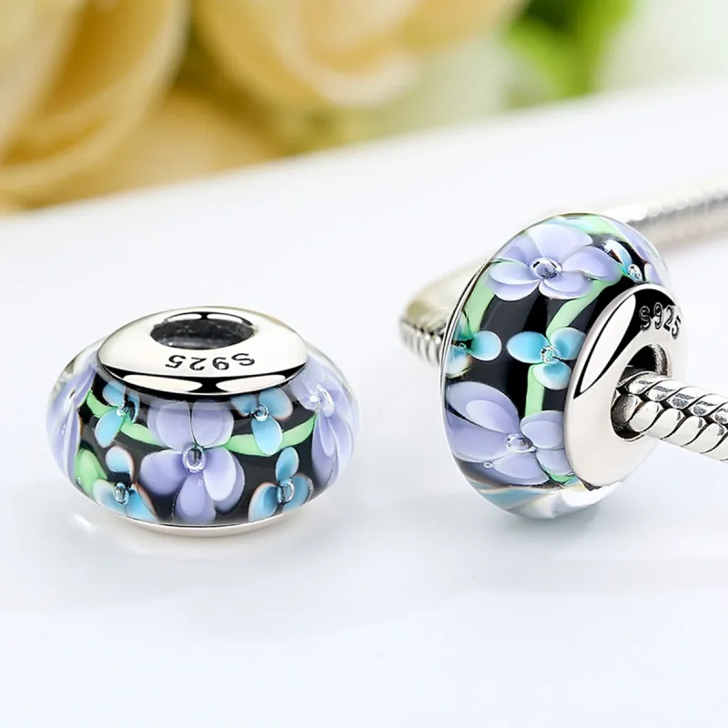 (bilde for) Pandora Style Lilla Blomster Murano Glass Charm - SCZ009 - Vis 3
