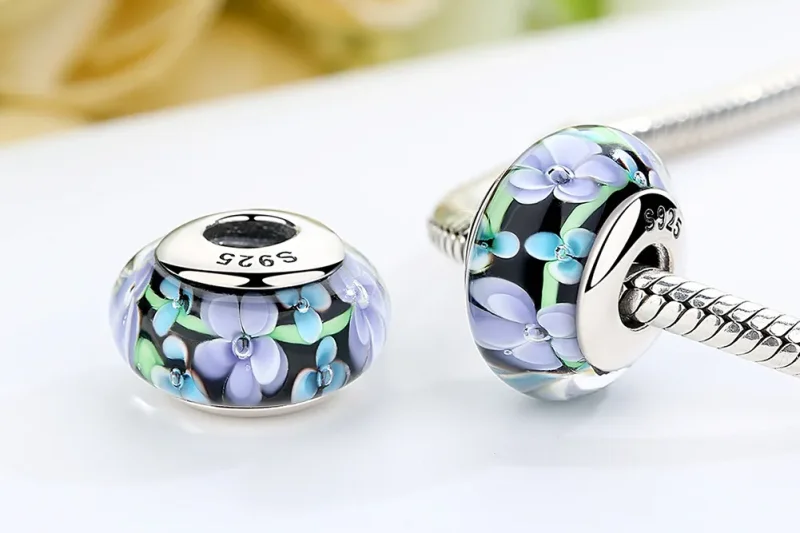 (bilde for) Pandora Style Lilla Blomster Murano Glass Charm - SCZ009 - Vis 7