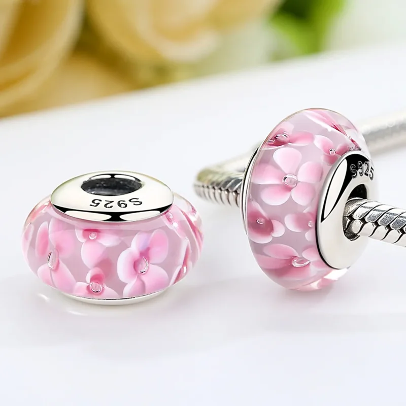 (bilde for) Pandora Style Rosa Blomster Murano Glass Charm - SCZ008 - Vis 3
