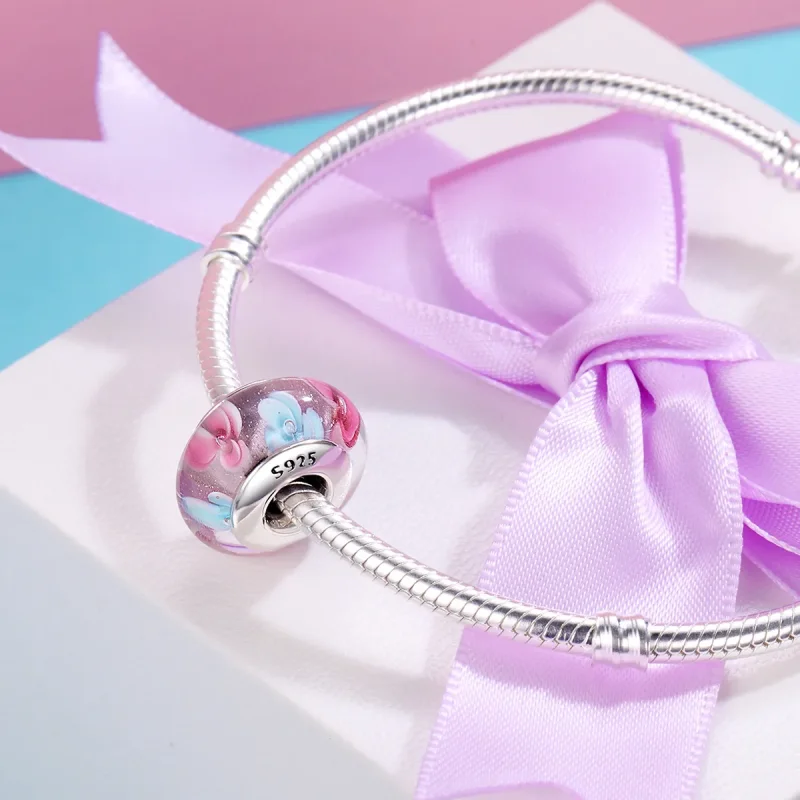 (bilde for) Pandora Style Rosa Blomster Murano Glass Charm - SCZ056 - Vis 5