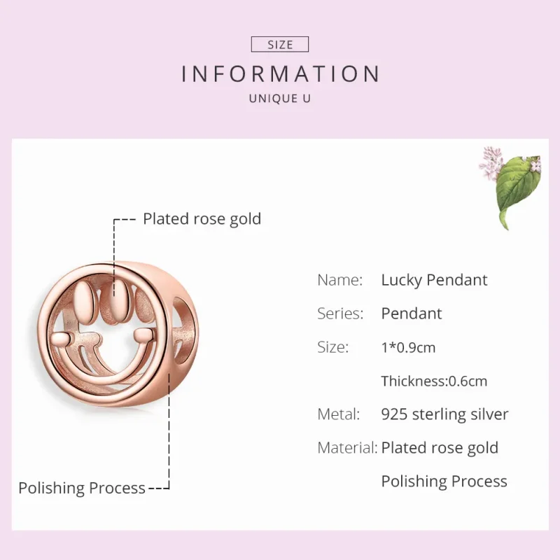 (bilde for) Pandora Style Rose Gold Lucky Smile Charm - SCC1787 - Vis 7