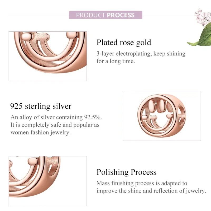 (bilde for) Pandora Style Rose Gold Lucky Smile Charm - SCC1787 - Vis 8