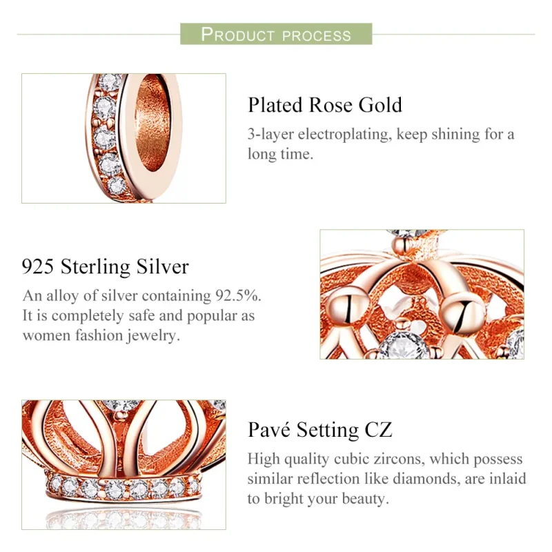 (bilde for) Pandora Style Rose Gold Regal Crown Dingle Charm - SCC1121 - Vis 6