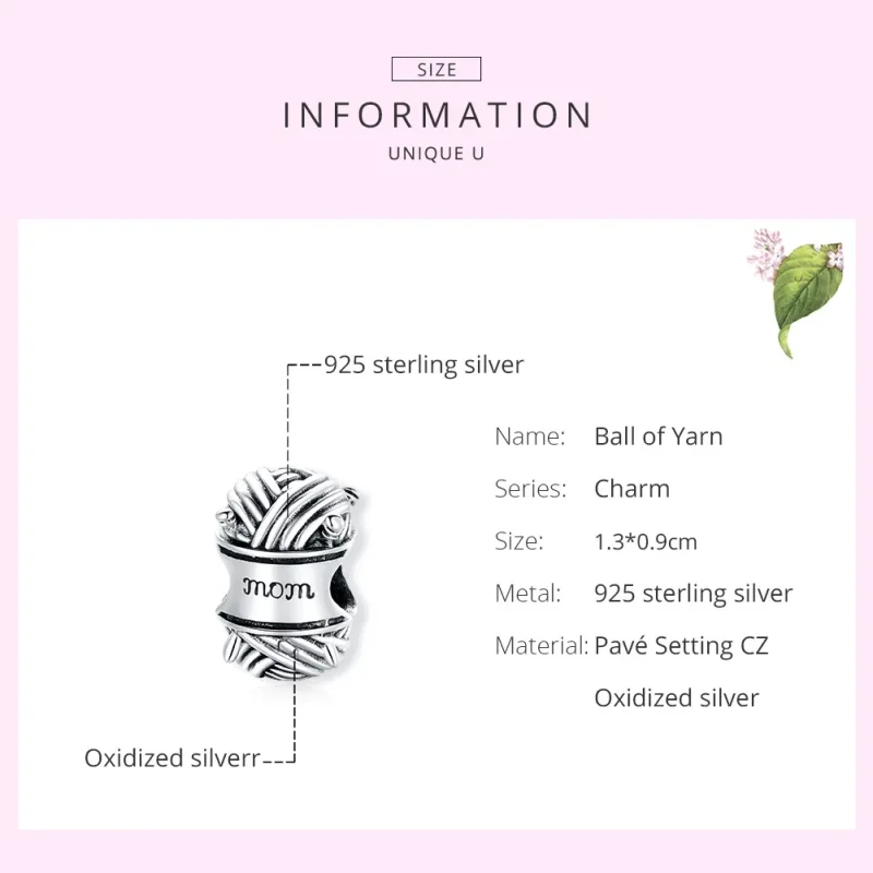 (bilde for) Pandora Style Silver Ball of Garn Charm - SCC1654 - Vis 7