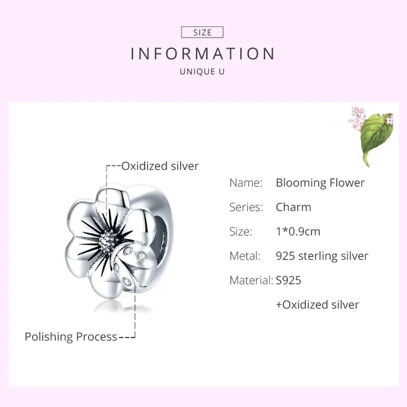 (bilde for) Pandora Style Silver Blooming Flower Charm - SCC1722 - Vis 6