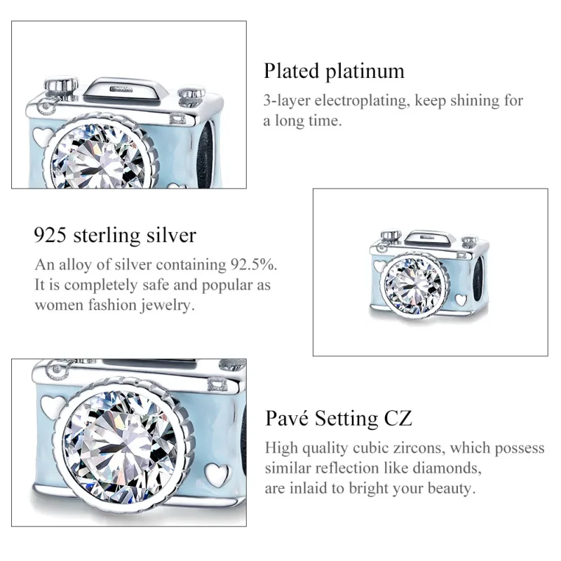(bilde for) Pandora Style Silver Blue Camera Charm - BSC264 - Vis 7
