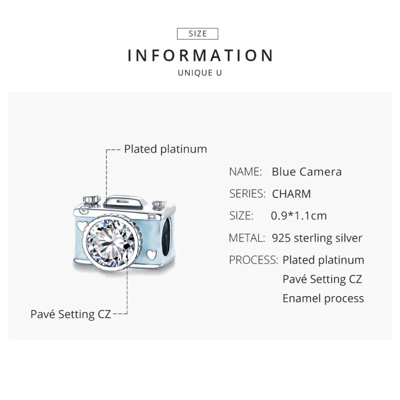 (bilde for) Pandora Style Silver Blue Camera Charm - BSC264 - Vis 8