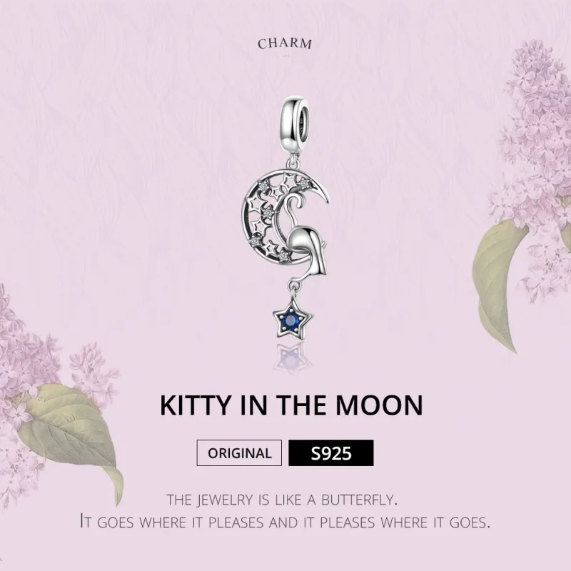 (bilde for) Pandora Style Silver Cat Play with Stars Dingle Charm - SCC1205 - Vis 2