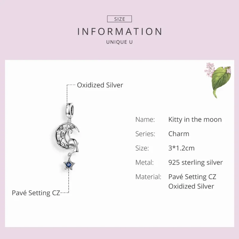 (bilde for) Pandora Style Silver Cat Play with Stars Dingle Charm - SCC1205 - Vis 3