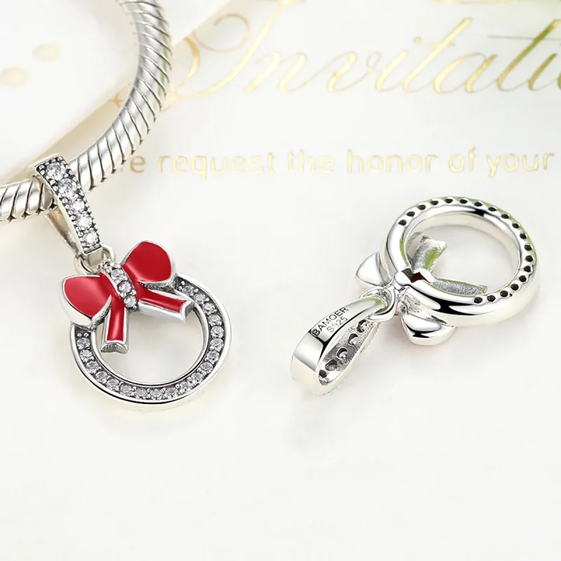 (bilde for) Pandora Style Silver Christmas Wreath Dingle - SCC077 - Vis 2