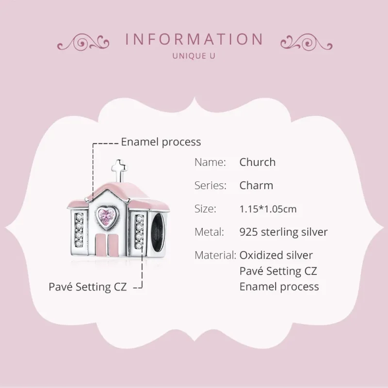 (bilde for) Pandora Style Silver Church Charm - SCC1810 - Vis 6