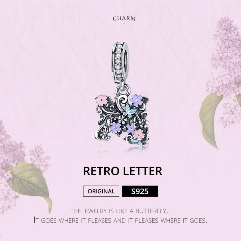 (bilde for) Pandora Style Silver Flower Letter M Dangle - SCC1274 - Vis 2