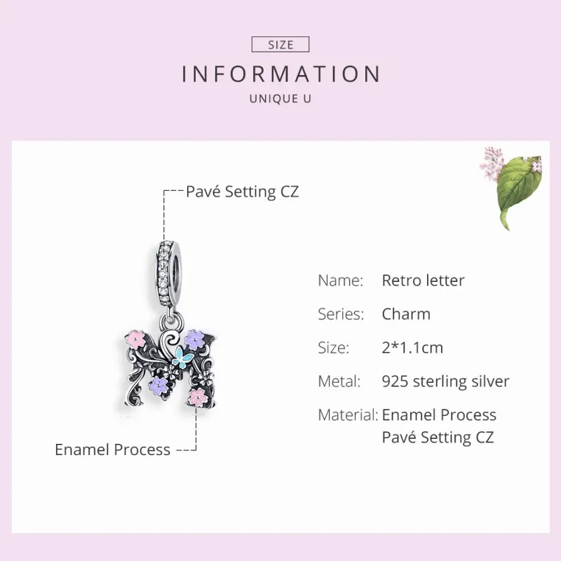 (bilde for) Pandora Style Silver Flower Letter M Dangle - SCC1274 - Vis 3