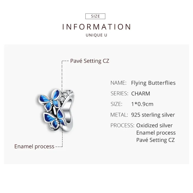 (bilde for) Pandora Style Silver Flying Butterflies Charm - SCC1731 - Vis 8
