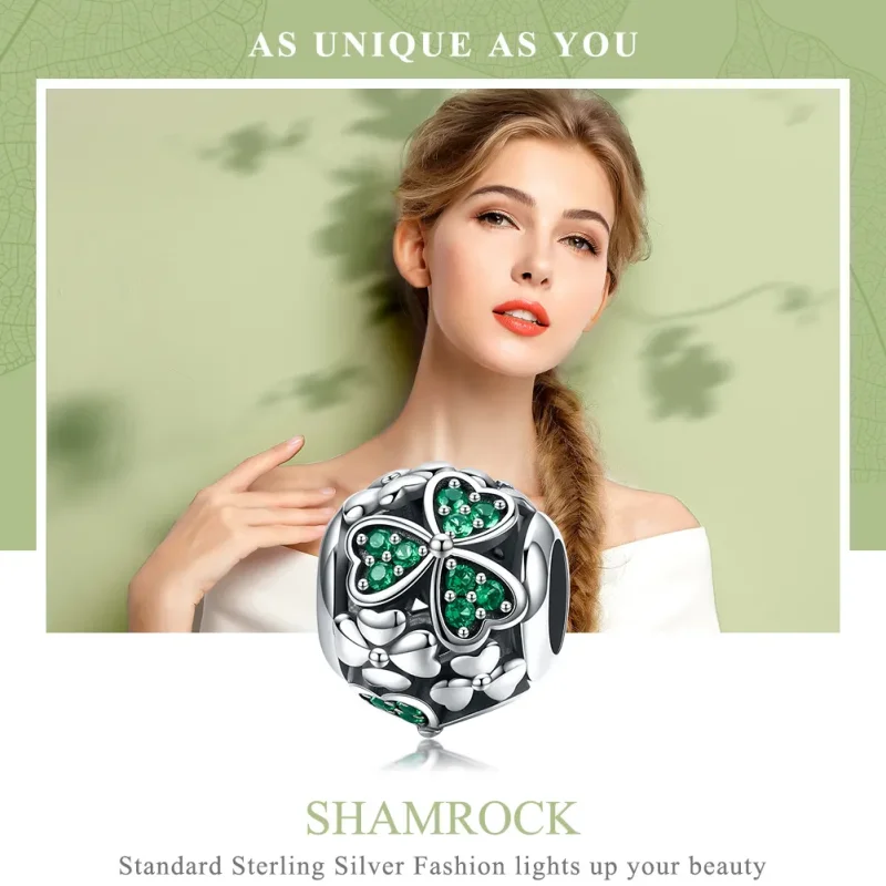 (bilde for) Pandora Style Silver Green Clover Charm - SCC964 - Vis 6