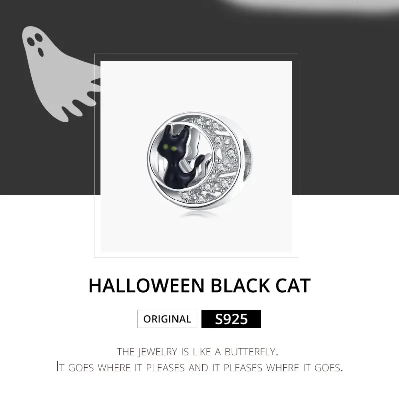 (bilde for) Pandora Style Silver Halloween Black Cat Charm - BSC325 - Vis 6