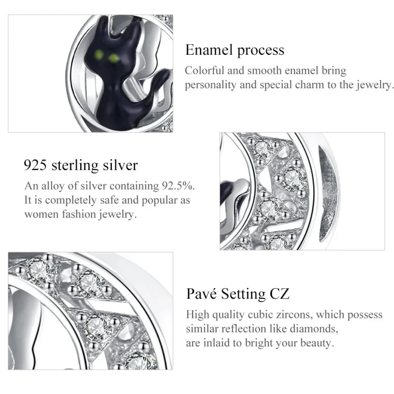 (bilde for) Pandora Style Silver Halloween Black Cat Charm - BSC325 - Vis 7