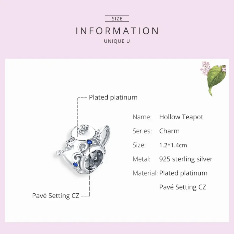 (bilde for) Pandora Style Silver Hollow Tekanne Charm - BSC274 - Vis 7