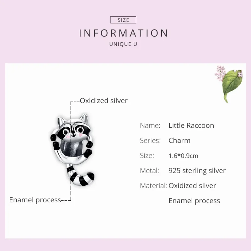 (bilde for) Pandora Style Silver Little Raccoon Charm - BSC403 - Vis 7