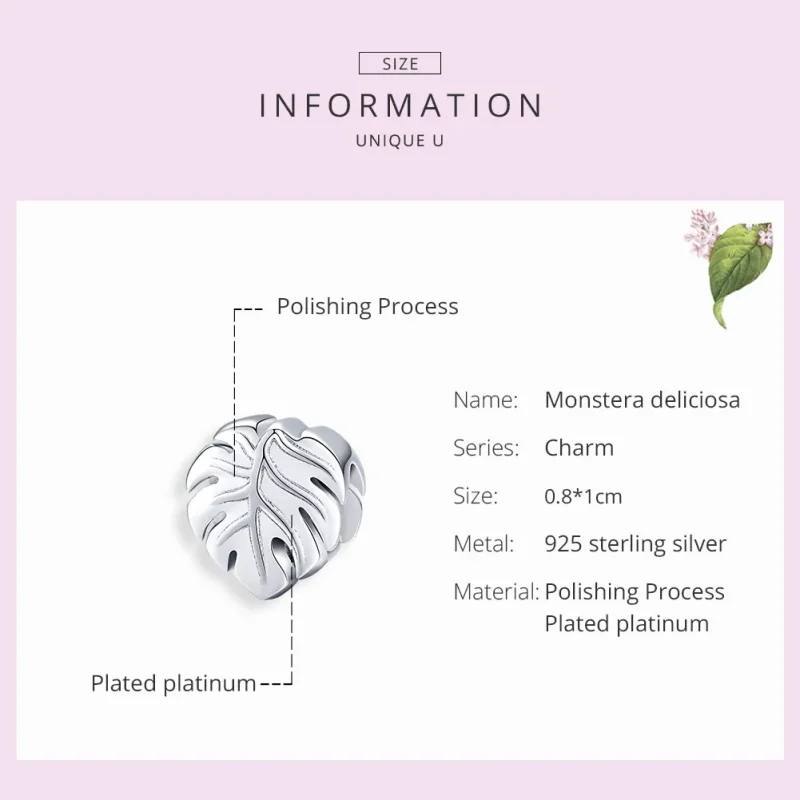 (bilde for) Pandora Style Silver Monstera Charm - BSC141 - Vis 7