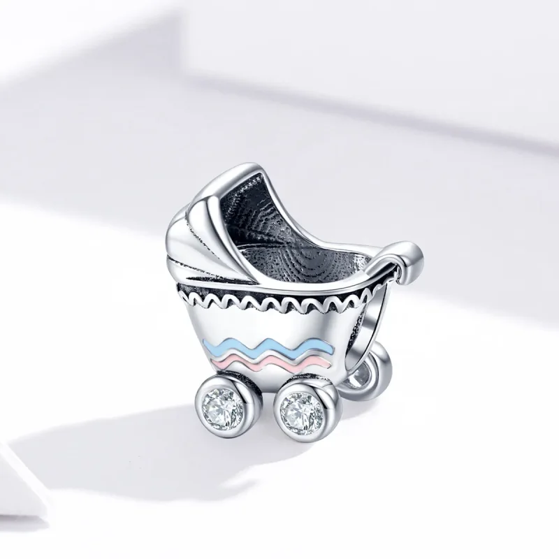 (bilde for) Pandora Style Silver Newborn Baby Carriage Charm - SCC1539 - Vis 3