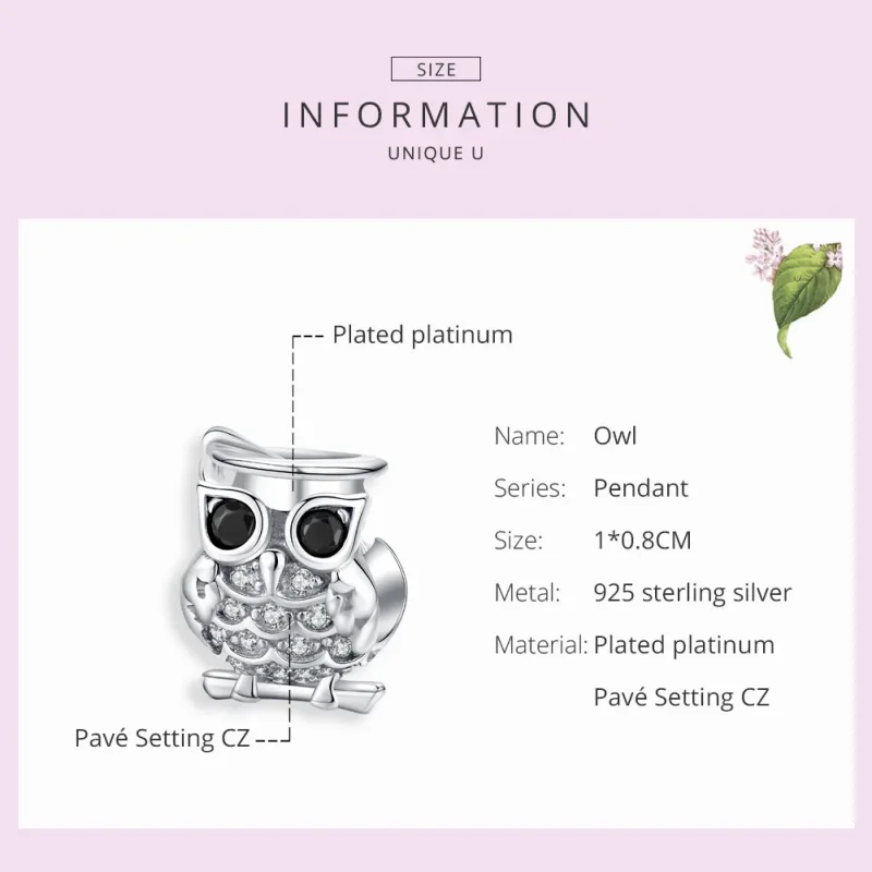 (bilde for) Pandora Style Silver Owl Charm - BSC124 - Vis 6