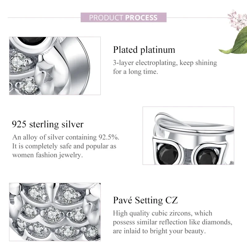 (bilde for) Pandora Style Silver Owl Charm - BSC124 - Vis 7