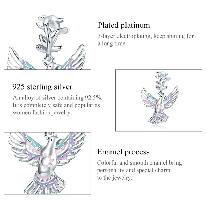 (bilde for) Pandora Style Silver Peace Dove Charm - BSC295 - Vis 7