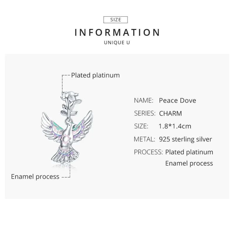 (bilde for) Pandora Style Silver Peace Dove Charm - BSC295 - Vis 8