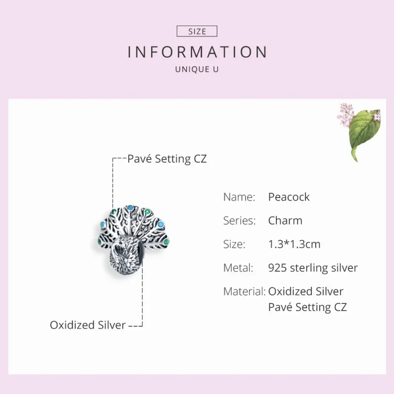 (bilde for) Pandora Style Silver Peacock Charm - SCC1260 - Vis 3